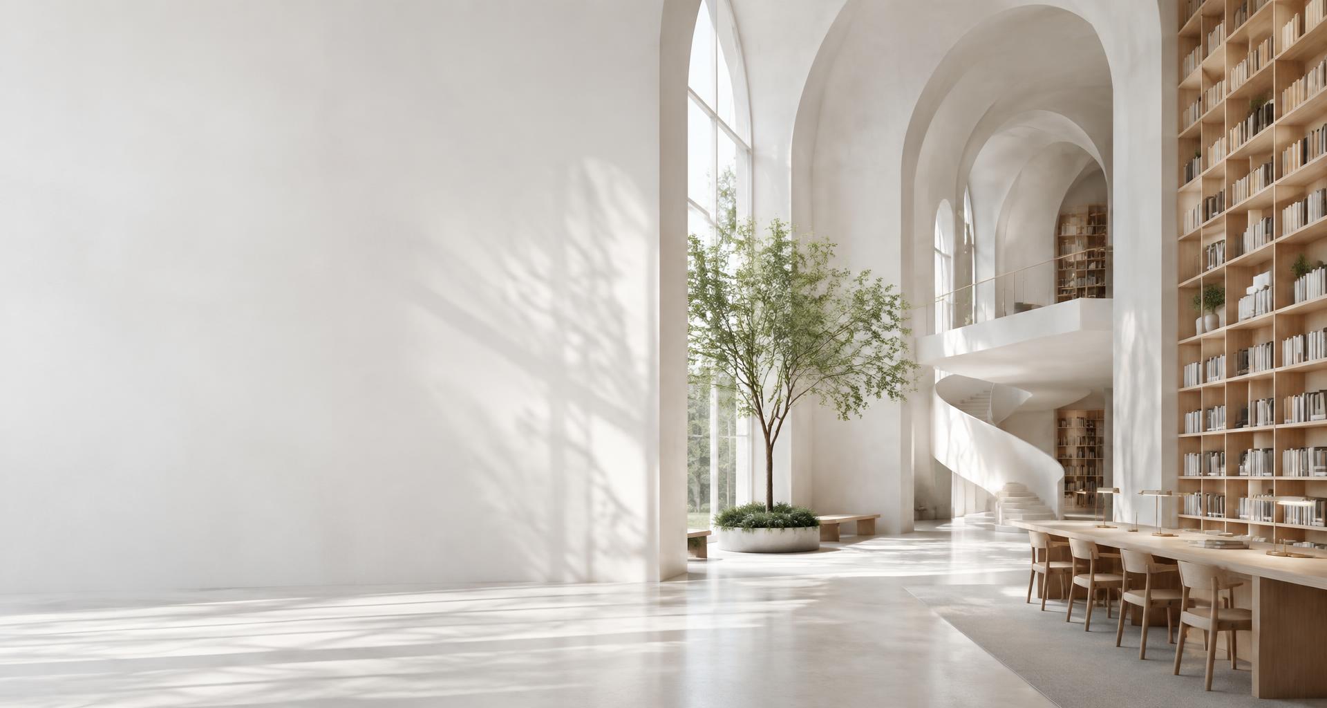 Sunlit contemporary library with open bookshelves and architectural arches